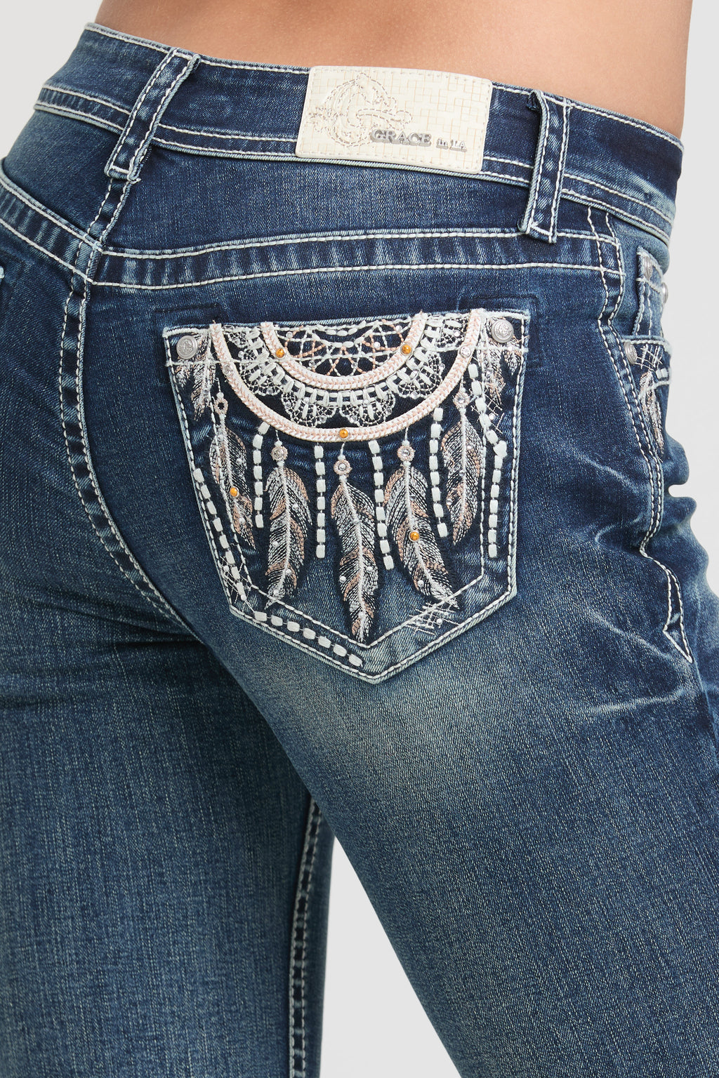 Feather Necklace Embroidery  Bootcut Jeans