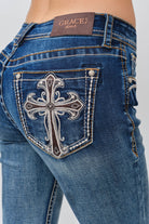 Grace in LA womens bootcut jeans back pocket with embroidered detailing