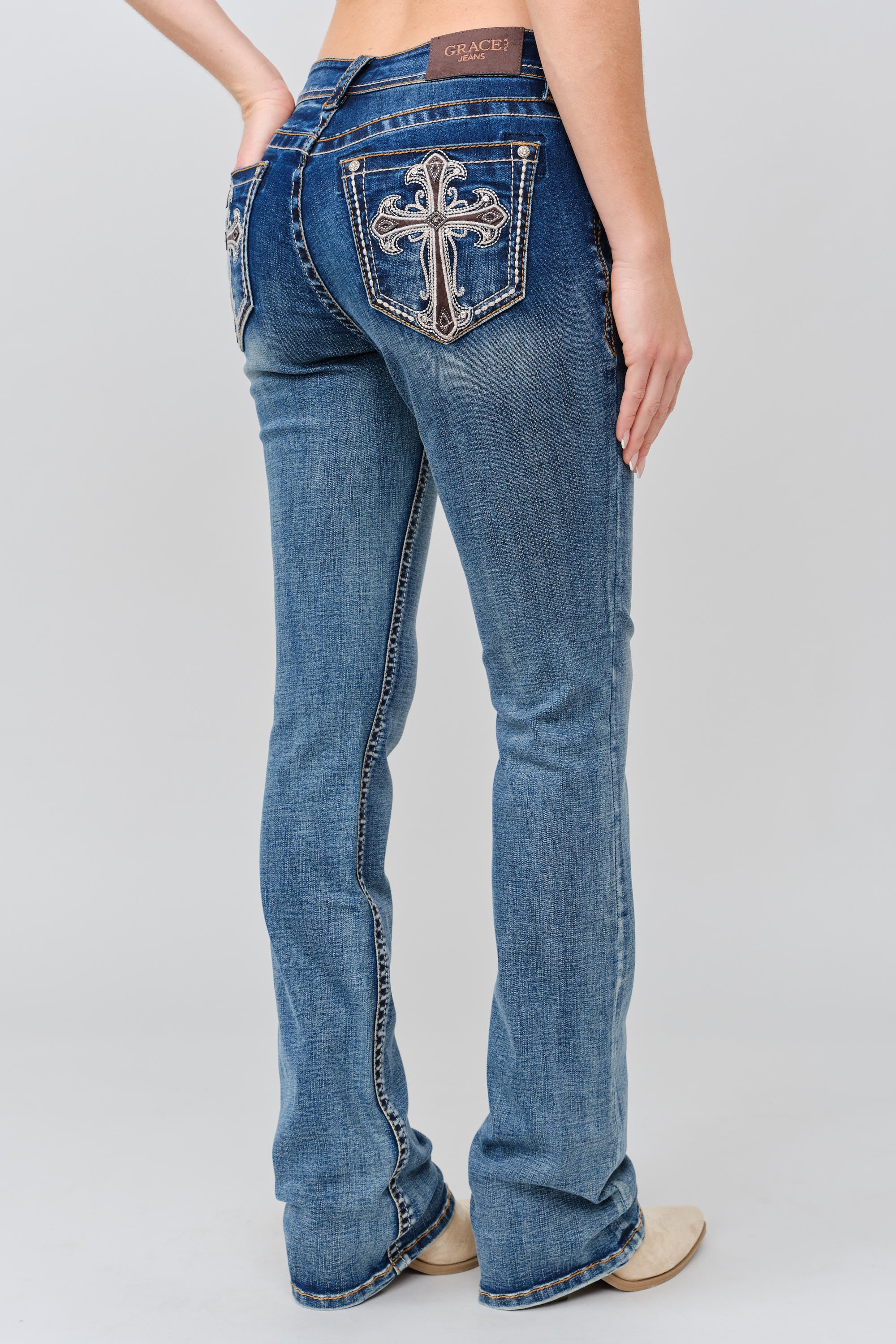 Grace in LA womens bootcut jeans back pocket with embroidered detailing