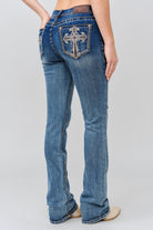Grace in LA womens bootcut jeans back pocket with embroidered detailing