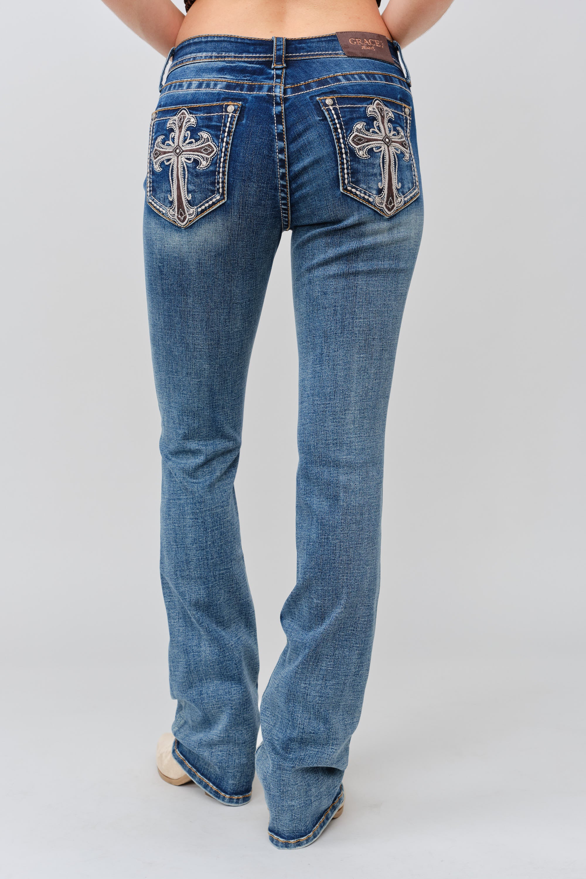 Grace in LA womens bootcut jeans back view with embroidered pockets