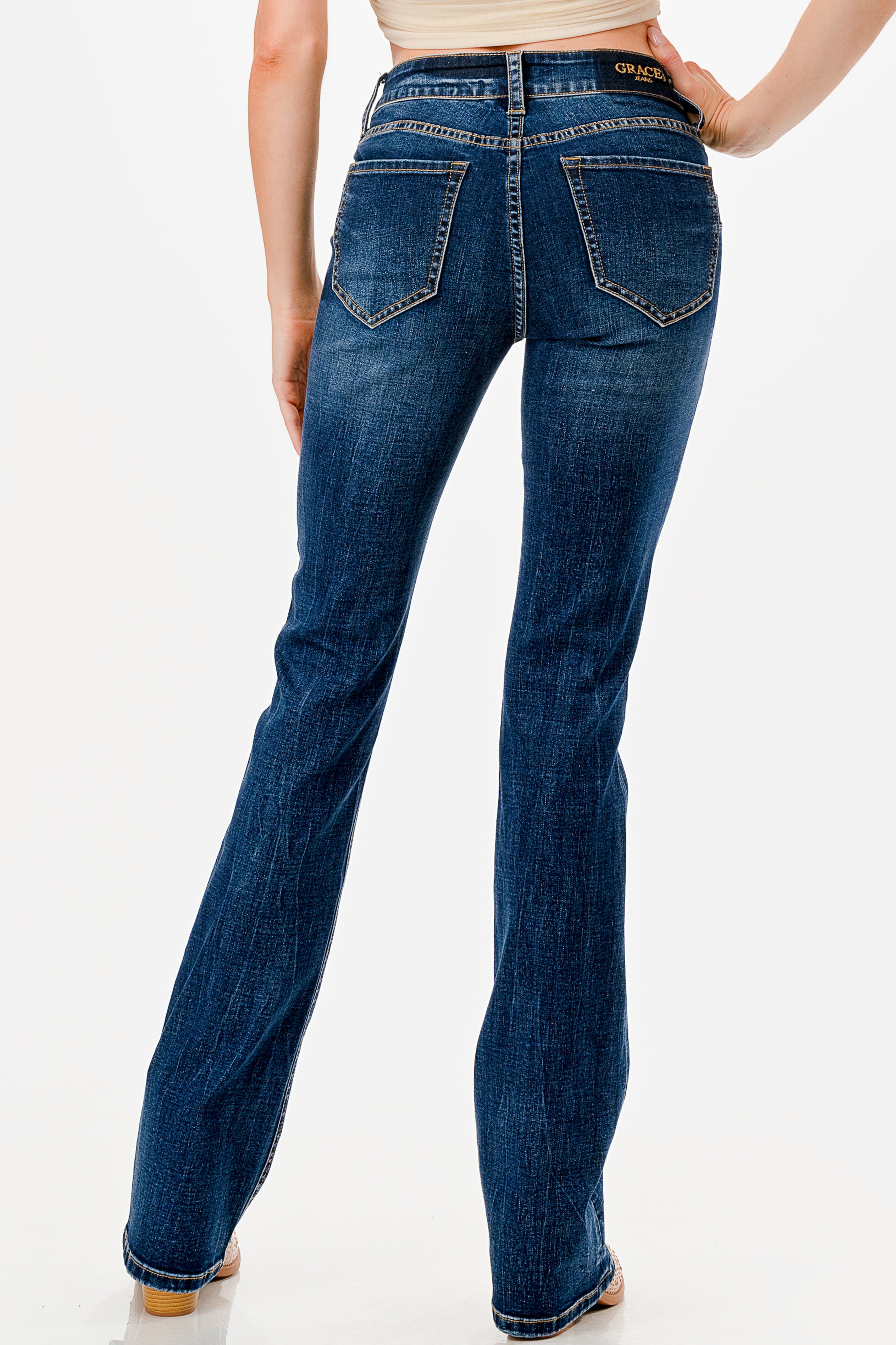 Basic 5 Pocket Mid Rise Bootcut Embroidered Jeans Grace in LA