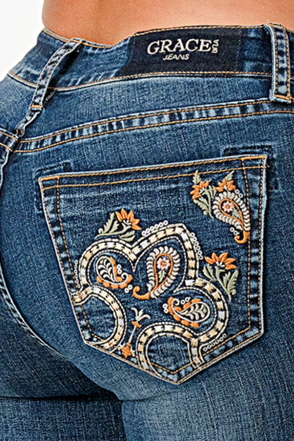 Floral Embroidery Bootcut Jeans