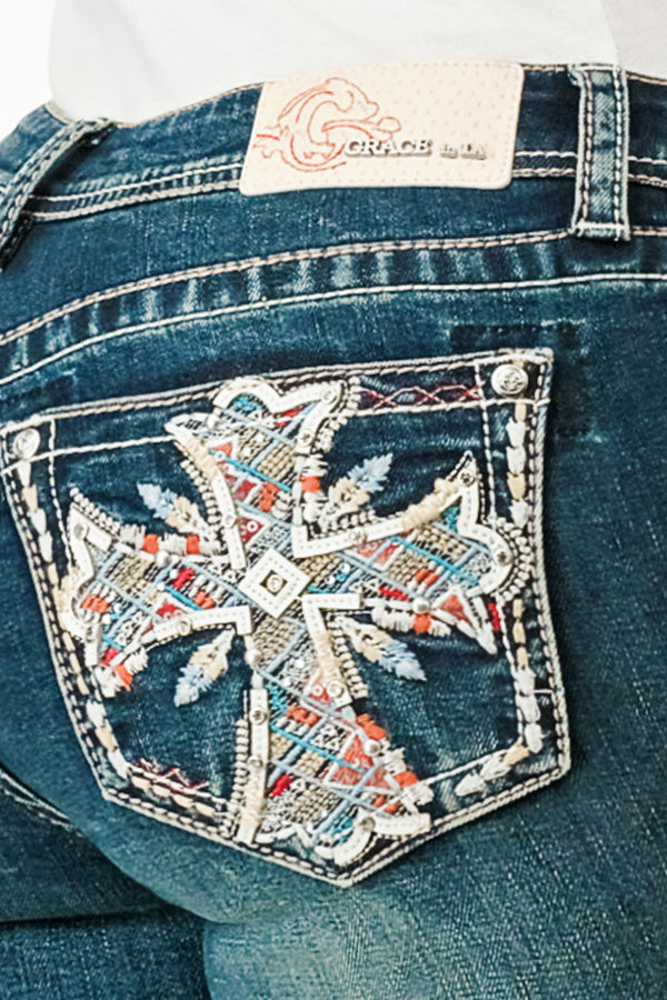 Cross Embellished Bootcut Jeans