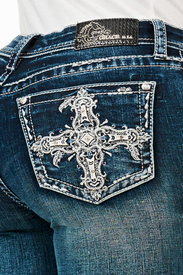 Cross Embellished Bootcut Jeans