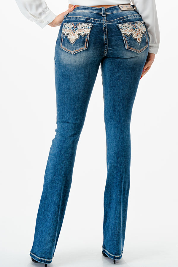 Aztec Embroidery Mid Rise  Bootcut Jeans