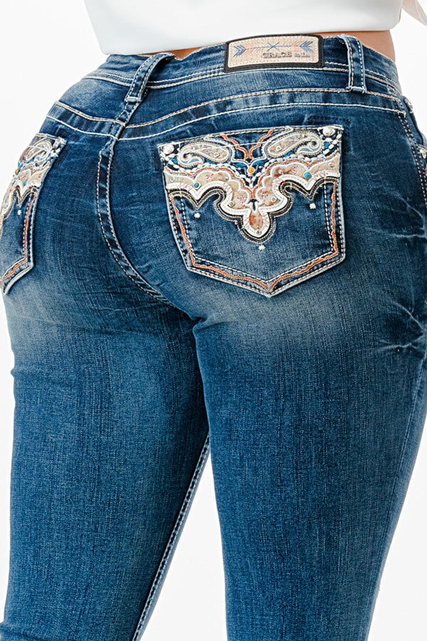 Aztec Embroidery Mid Rise  Bootcut Jeans