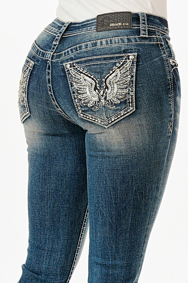 Wing Modify Embroidery Low Rise Bootcut Jeans