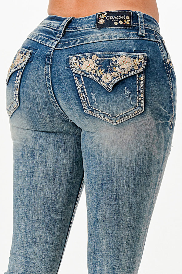 Floral Embroidery Faux Flap Low Rise Bootcut Jeans