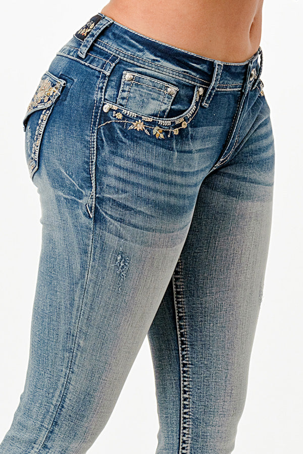 Floral Embroidery Faux Flap Low Rise Bootcut Jeans