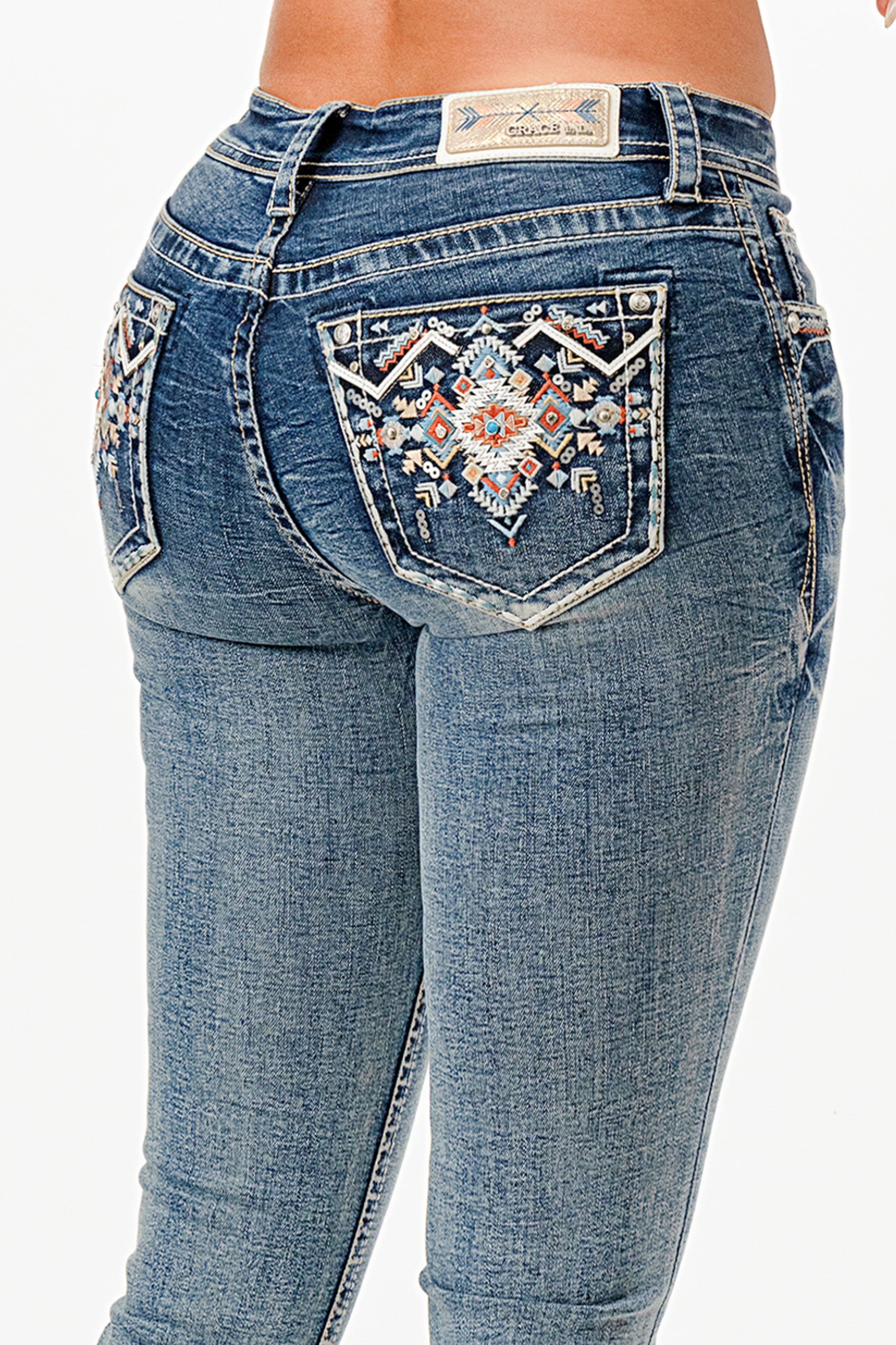 Aztec Embroidered Mid Rise Embellished Women's Bootcut Jeans Grace in LA - Denim