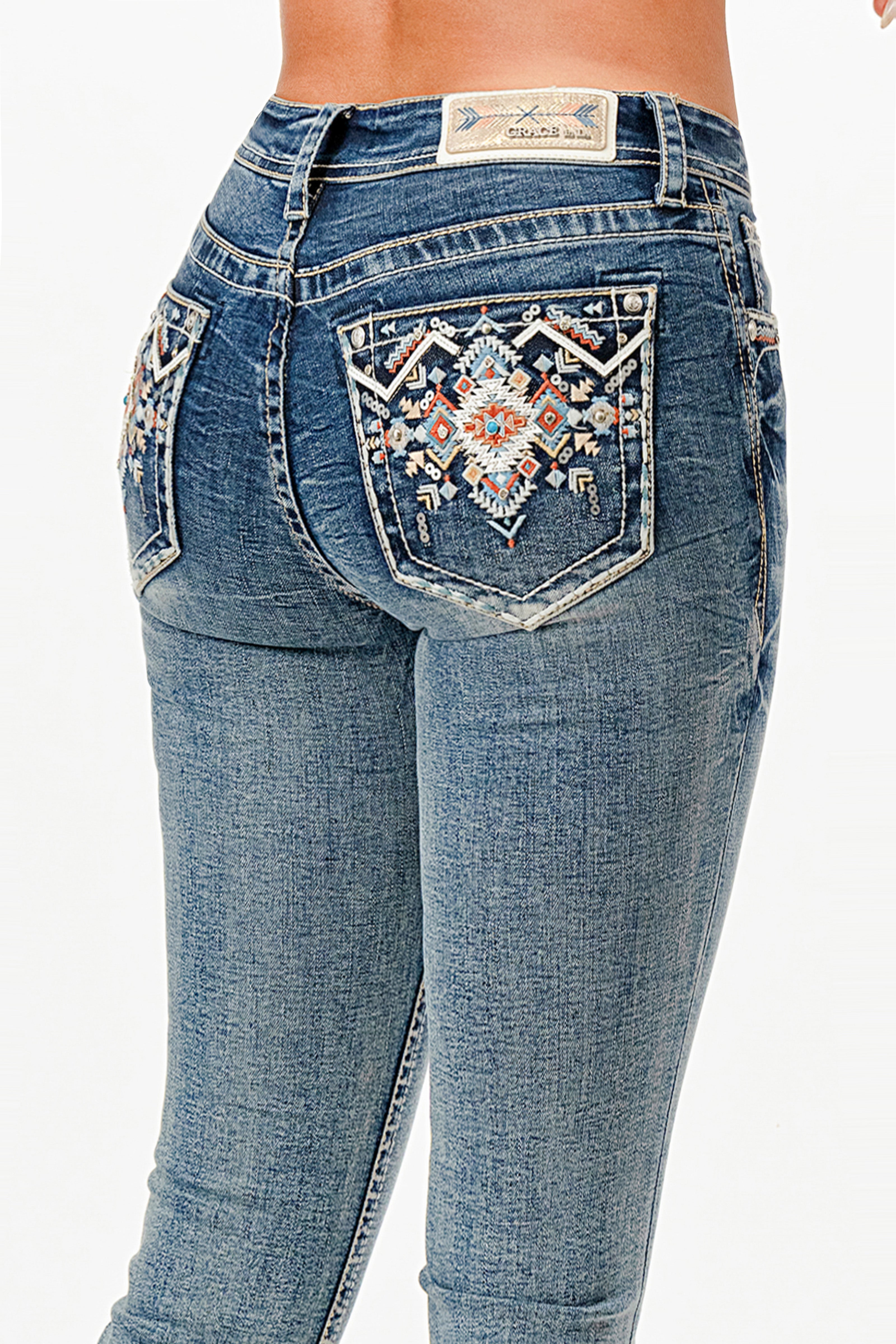Aztec Embroidered Mid Rise Embellished Women's Bootcut Jeans