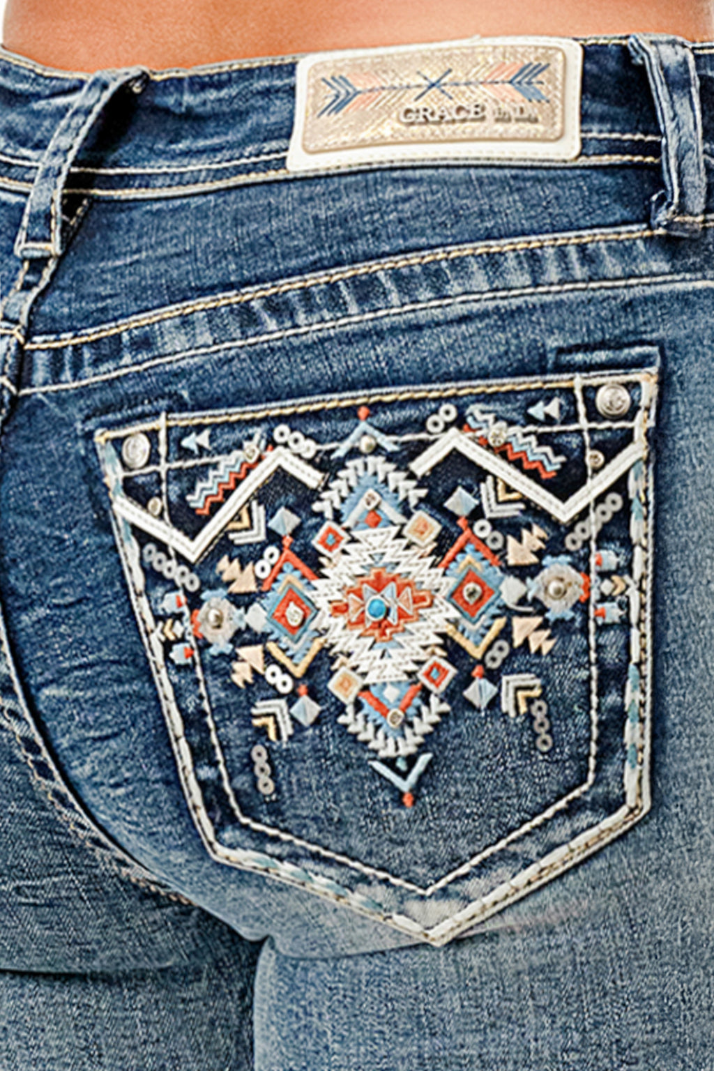 Aztec Embroidered Mid Rise Embellished Women's Bootcut Jeans