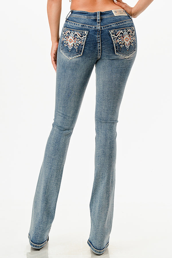 Aztec Embroidered Mid Rise Embellished Women's Bootcut Jeans Grace in LA - Denim