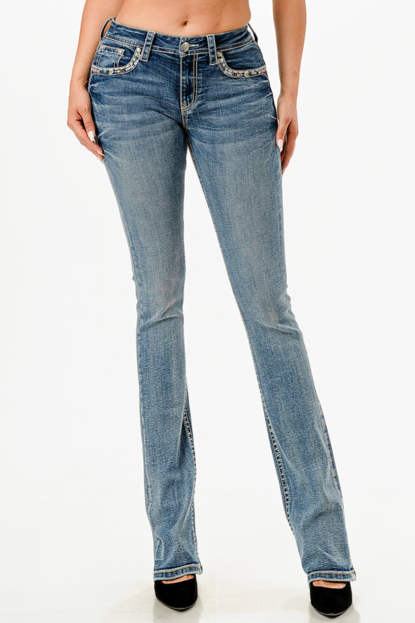 Aztec Embroidered Mid Rise Embellished Women's Bootcut Jeans Grace in LA - Denim
