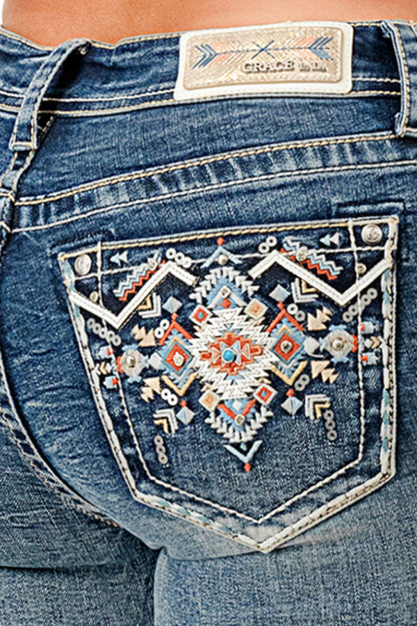 Aztec Embroidered Mid Rise Embellished Women's Bootcut Jeans