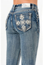 Crystalized Cross Mid Rise Bootcut Jeans Grace in LA
