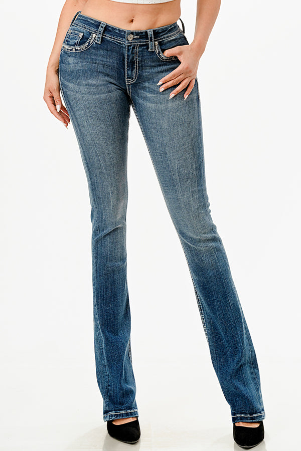 Flu De Lee  Embroidery Mid Rise Bootcut Embroidered Jeans