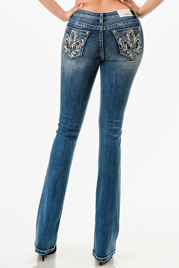 Flu De Lee  Embroidery Mid Rise Bootcut Embroidered Jeans