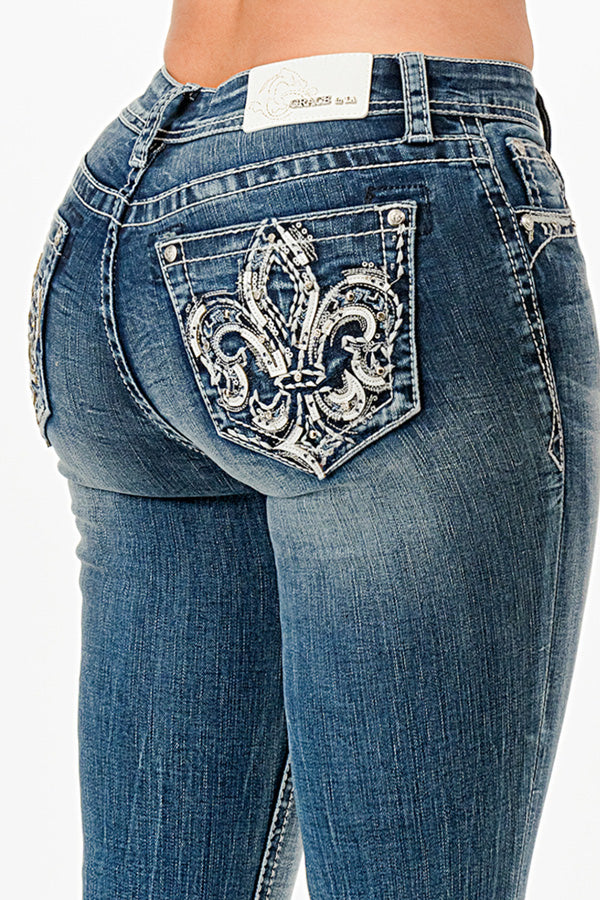 Flu De Lee  Embroidery Mid Rise Bootcut Embroidered Jeans
