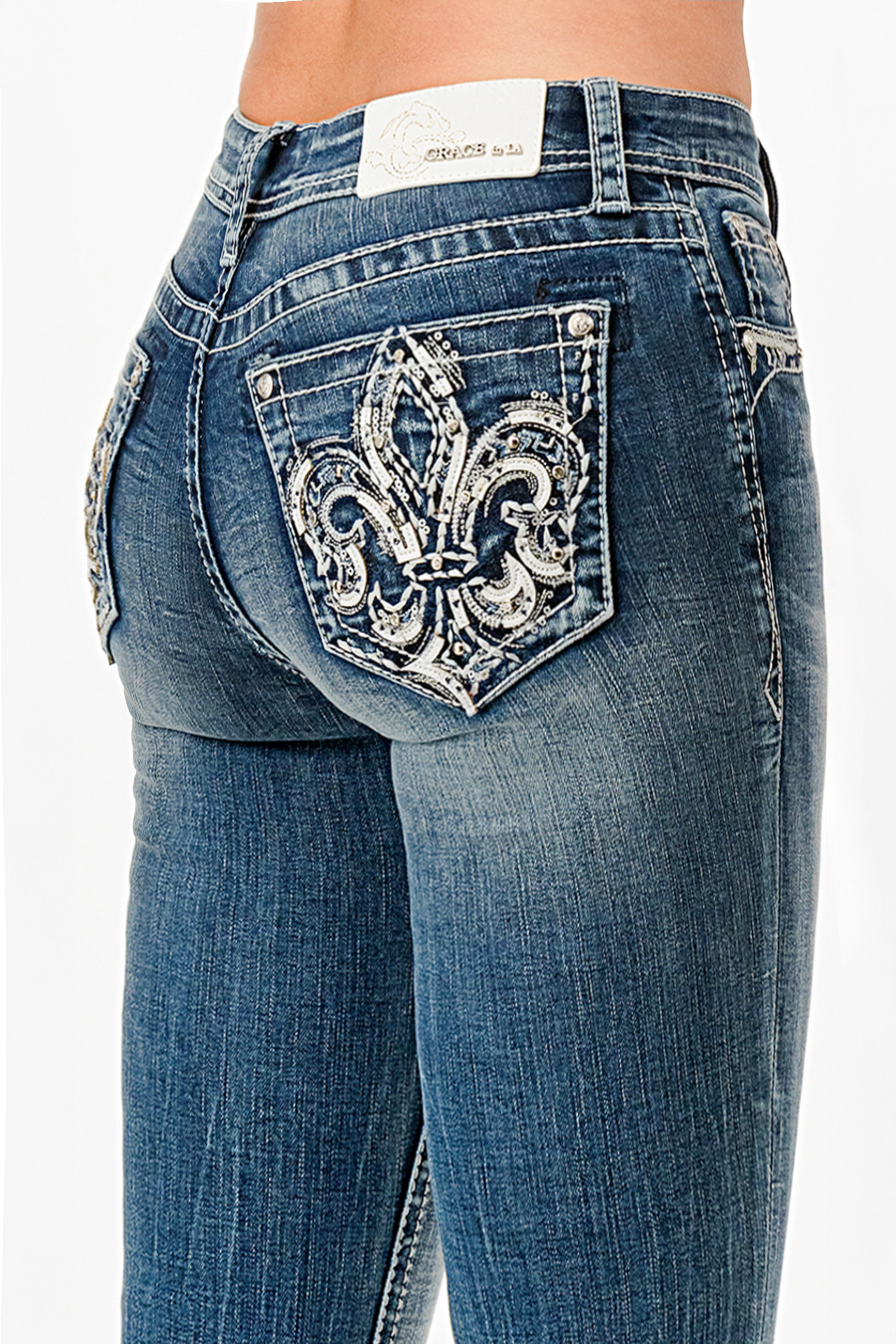 Flu De Lee  Embroidery Mid Rise Bootcut Embroidered Jeans Grace in LA