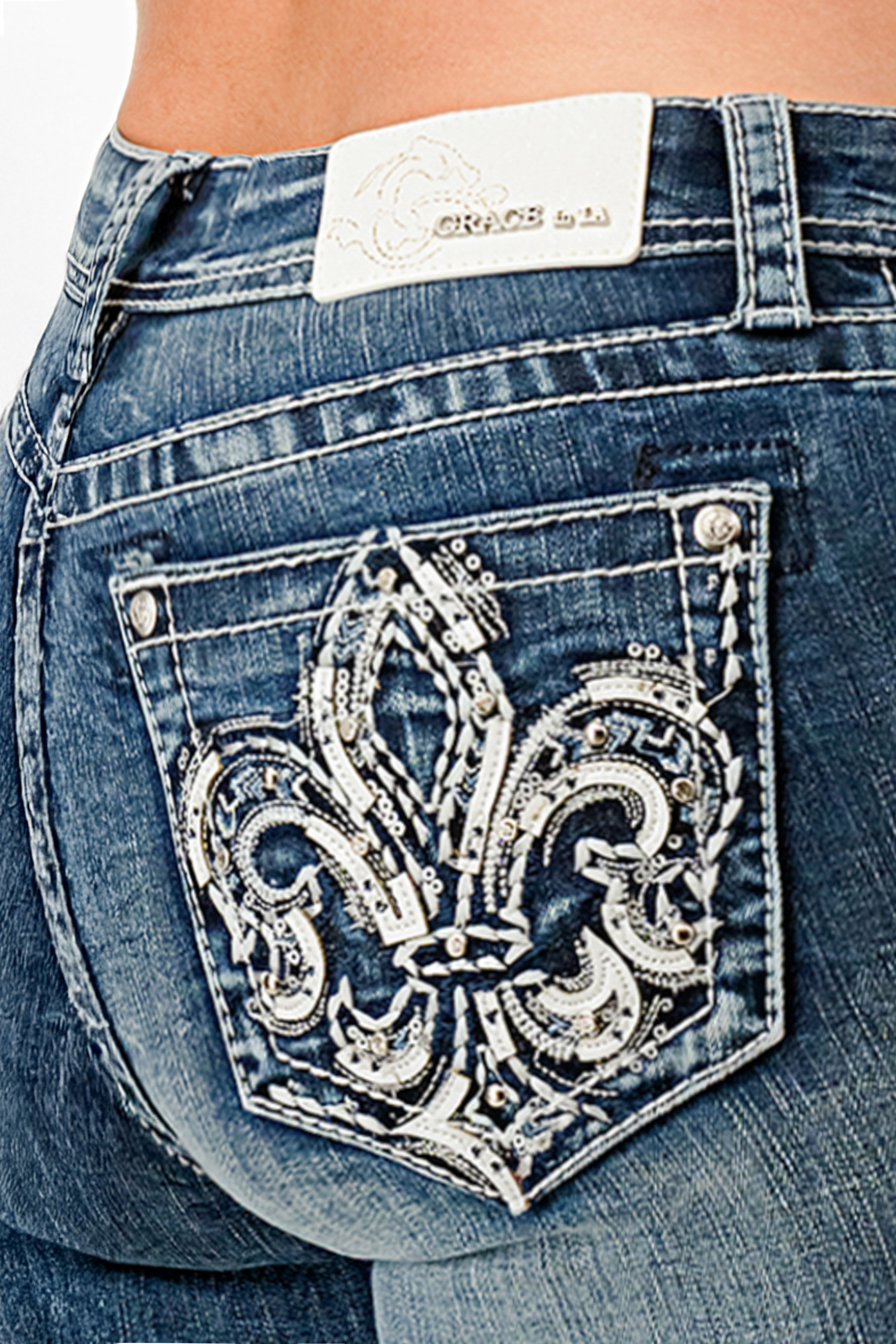 Flu De Lee  Embroidery Mid Rise Bootcut Embroidered Jeans Grace in LA