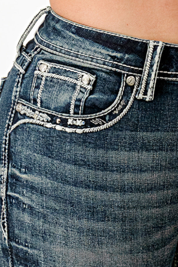 Rhinestone Ripple Embroidered Bootcut Jeans Grace in LA - Denim
