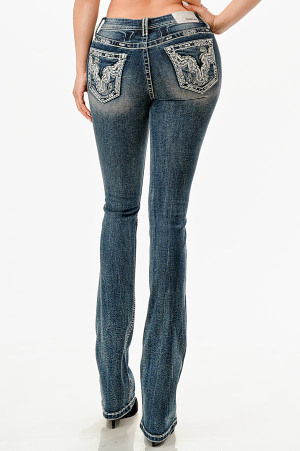 Rhinestone Ripple Embroidered Bootcut Jeans Grace in LA - Denim