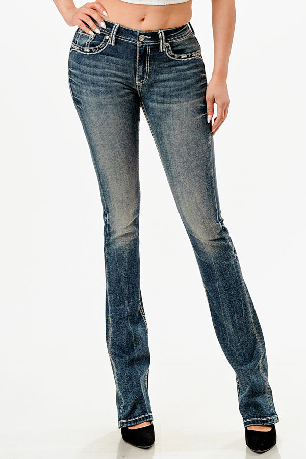 Rhinestone Ripple Embroidered Bootcut Jeans Grace in LA - Denim