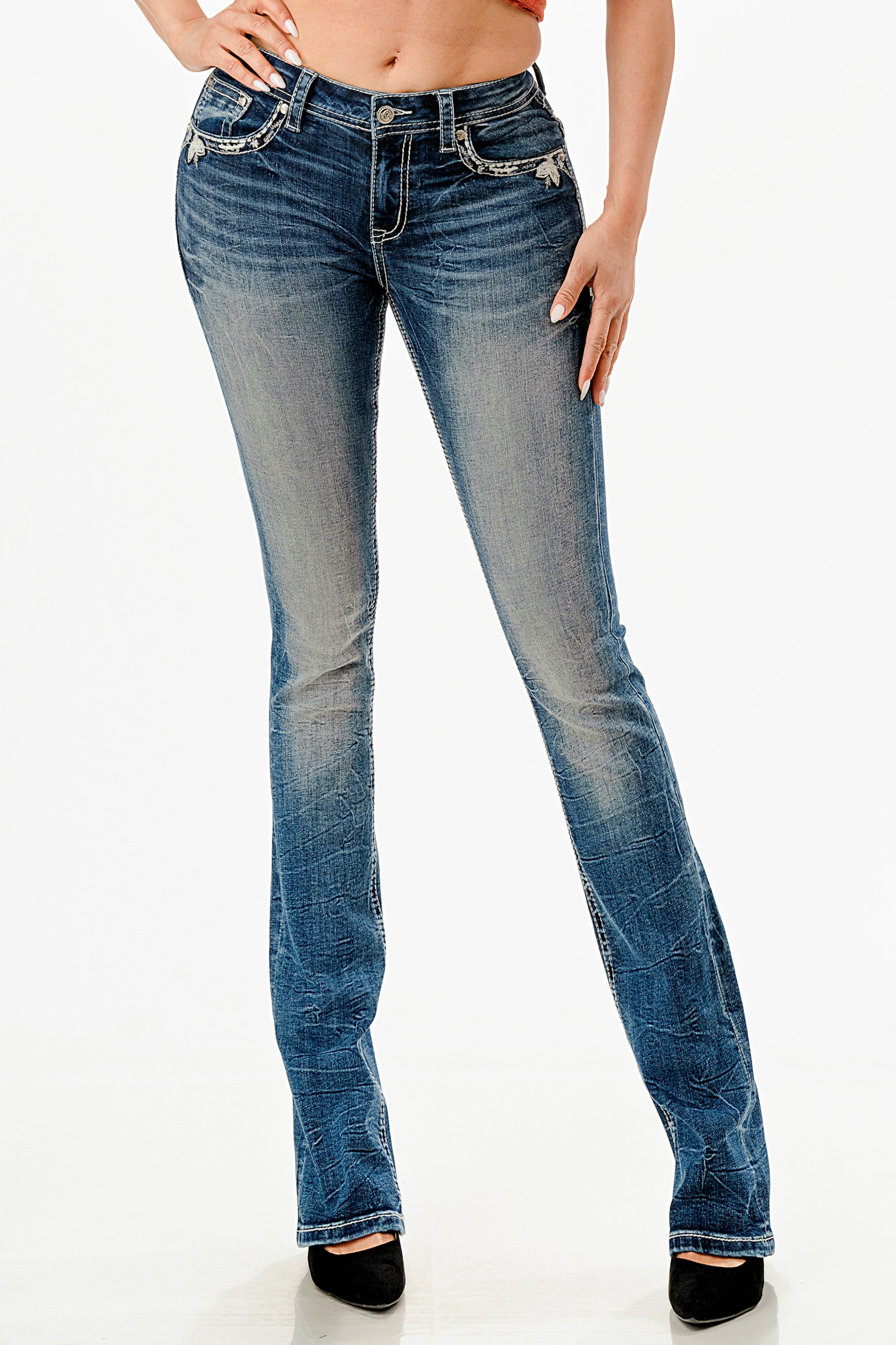 Floral Faux Flap Mid Rise Bootcut Jeans Grace in LA