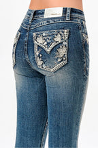 Floral Faux Flap Mid Rise Bootcut Jeans Grace in LA