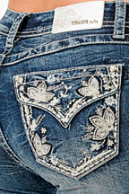 Floral Faux Flap Mid Rise Bootcut Jeans Grace in LA