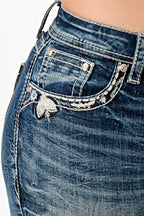 Floral Faux Flap Mid Rise Bootcut Jeans Grace in LA