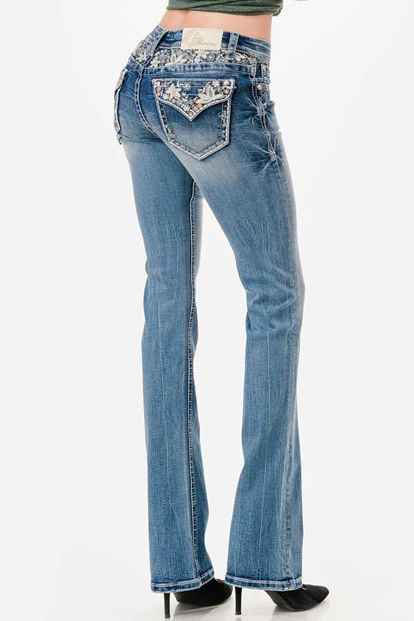 Floral Yoke Embroidery Faux Flap  Bootcut Jeans