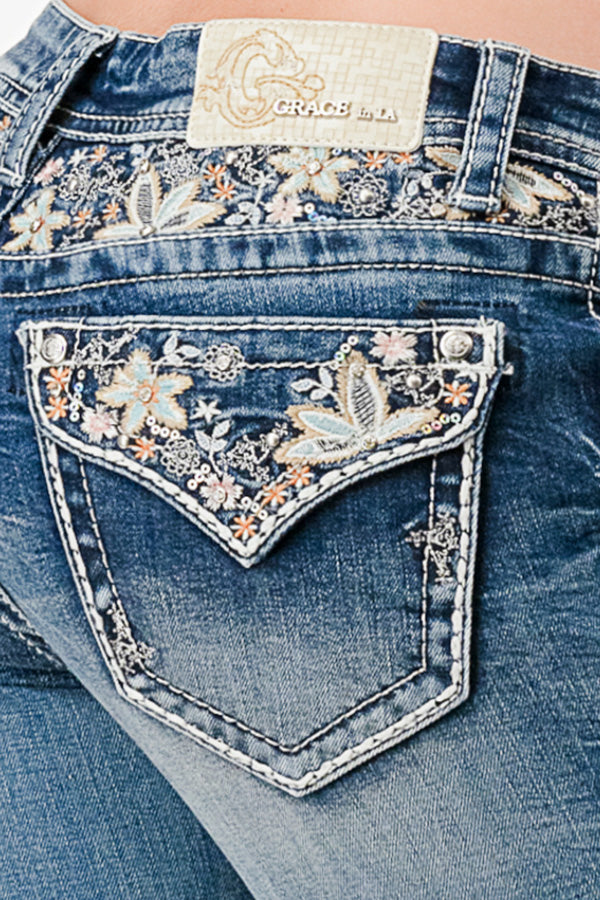 Floral Yoke Embroidery Faux Flap  Bootcut Jeans