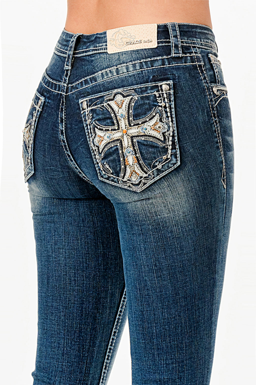 Colorful Cross Embellished Jeans