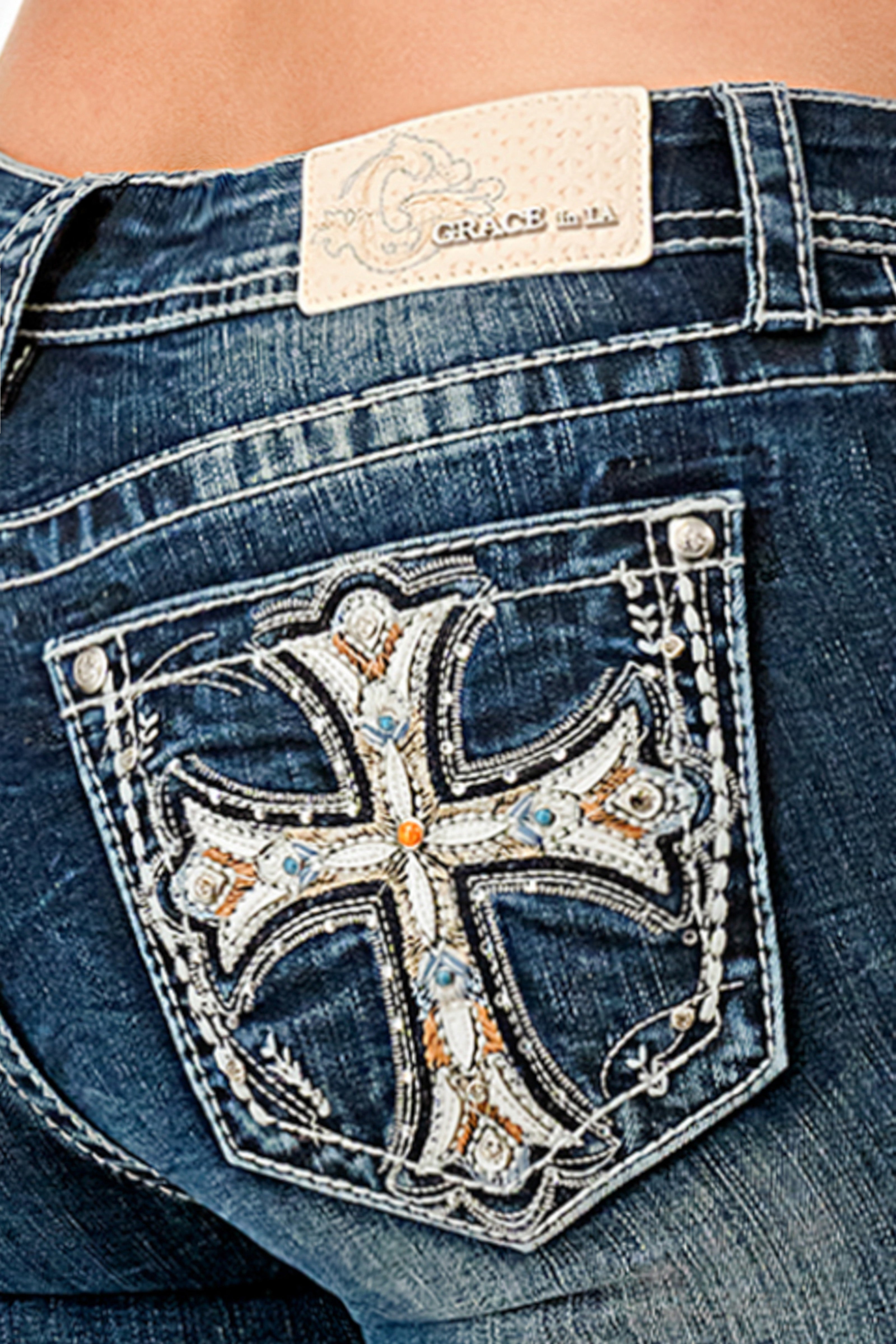 Colorful Cross Embellished Jeans