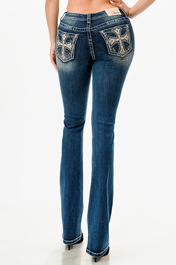 Cross Embroidered Mid Rise Embellished Women's Bootcut Jeans