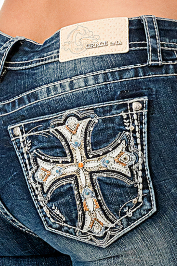 Cross Embroidered Mid Rise Embellished Women's Bootcut Jeans