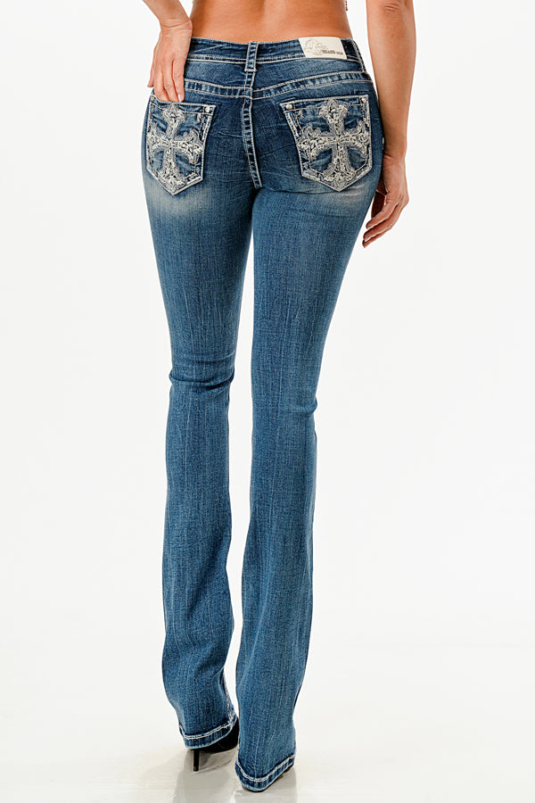 Cross Embroidered Low Rise Bootcut Jeans