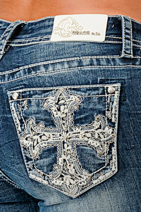 Cross Embroidered Low Rise Bootcut Jeans
