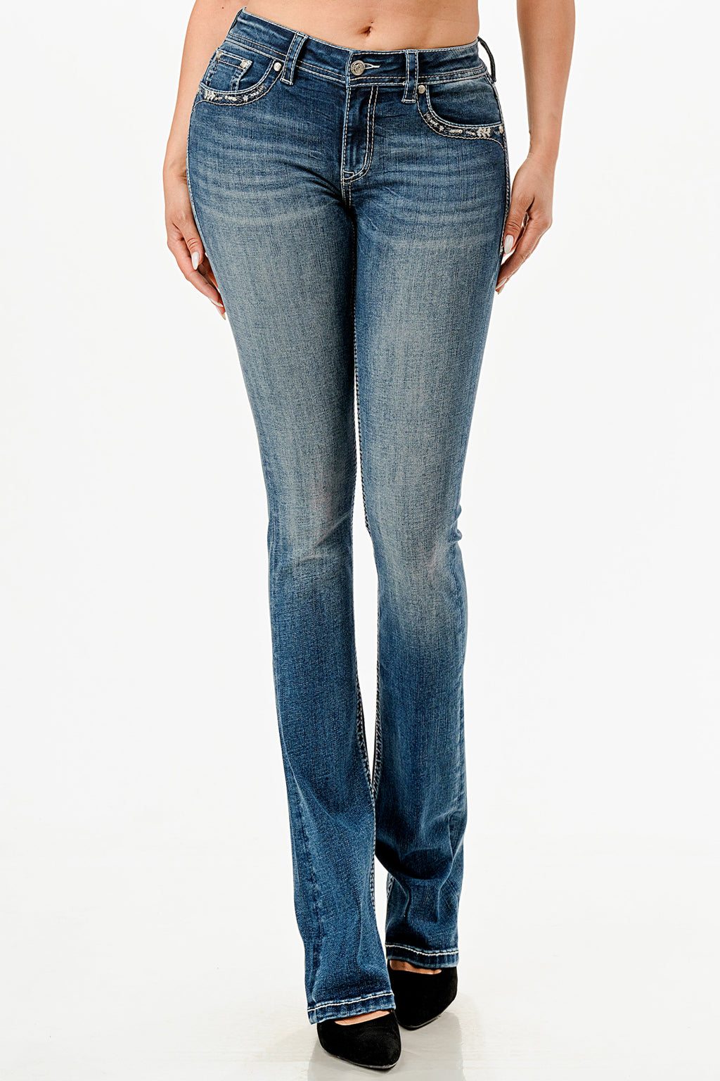 Steer Head Med Blue Mid Rise Bootcut Embroidered Jeans Grace in LA