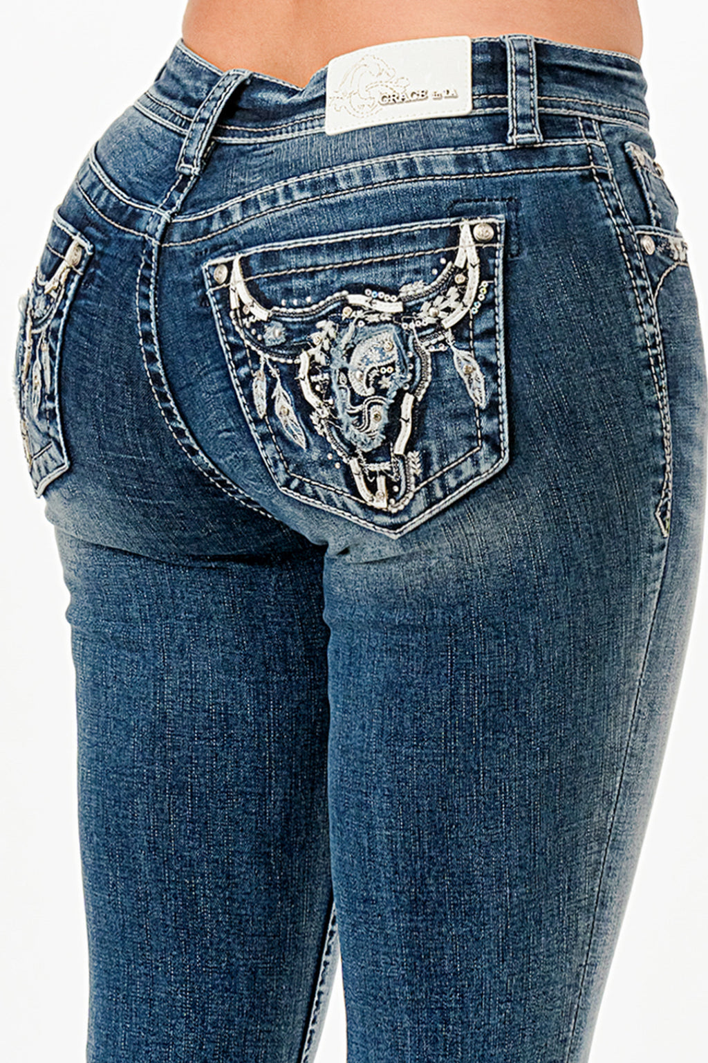 Steer Head Med Blue Mid Rise Bootcut Embroidered Jeans Grace in LA
