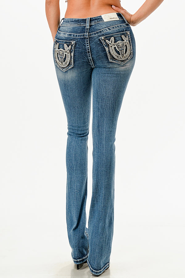 Steer Head w/ Horse Shoe Mid Rise Embellished Bootcut Jeans