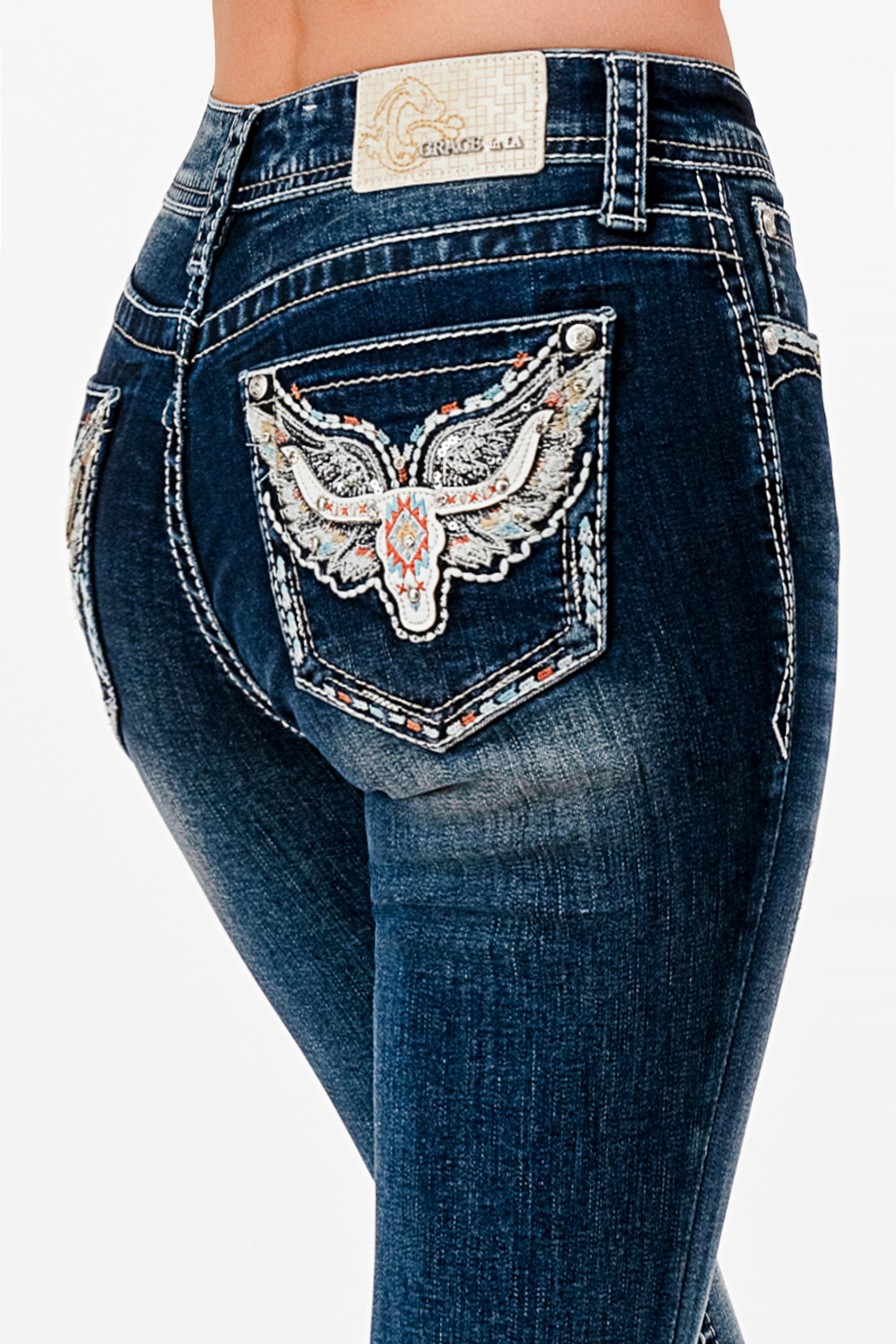 Western Wings & Horns Colorful Mid Rise Bootcut Jeans