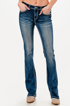 Grace in LA womens bootcut jeans with rhinestone curved front pocket trim and medium wash denim fit.