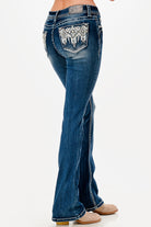 Grace in LA womens bootcut jeans with western embroidered geometric rhinestone back pockets.