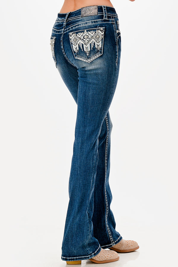 Grace in LA womens bootcut jeans with western embroidered geometric rhinestone back pockets.