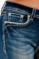 Grace in LA womens bootcut jeans with rhinestone trim and western embroidered front pocket detail.