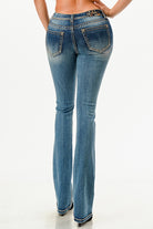 Grace in LA womens bootcut jeans with light wash denim and western rhinestone arrowhead embroidered back pockets.